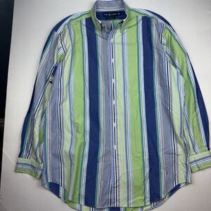 Polo Ralph Lauren Shirt Mens Medium M Blake Blue Green Striped Cotton Button